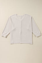 White Waffle Knit Side Slits Loose Fit V Neck Top