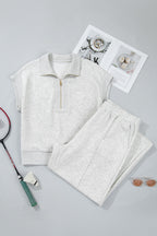 Light Grey Half Zip Polo Tee Loose Pants Plus Size 2pcs Outfit