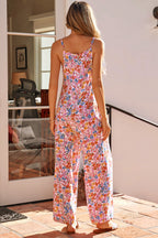 Multicolour Floral Print Spaghetti Straps Loose Pocketed Jumpsuit