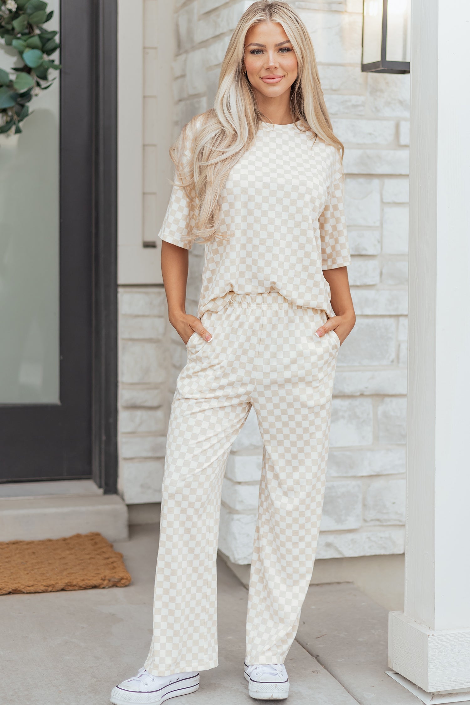 Khaki Checkered Print Half Sleeve Tee 2pcs Lounge Pant Set