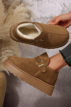 Coffee Buckle Detail Round Toe Platform Cozy Winter Boots