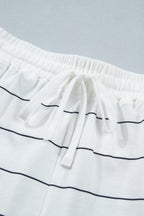 White Stripe Half Sleeve Tee Drawstring Shorts 2pcs Set