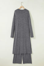 Dark Grey 3pcs V Neck T Shirt Ribbon Knot Pants Open Duster 3pcs Lounge Set