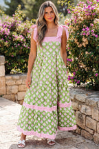 Green Floral Print Striped Detail Knot Straps Maxi Dress
