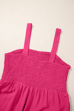 Rose Red Smocked Square Neck Sleeveless Jumpsuit with Pockets