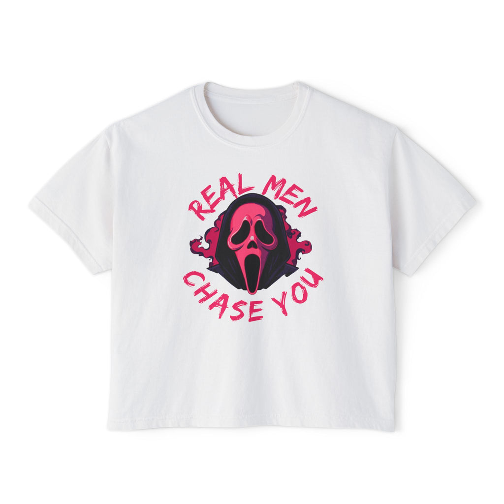 Women's Boxy Tee — "Real Men Chase You" Pink Scream Mask Graphic Tee