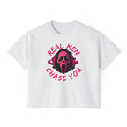 Women's Boxy Tee — "Real Men Chase You" Pink Scream Mask Graphic Tee