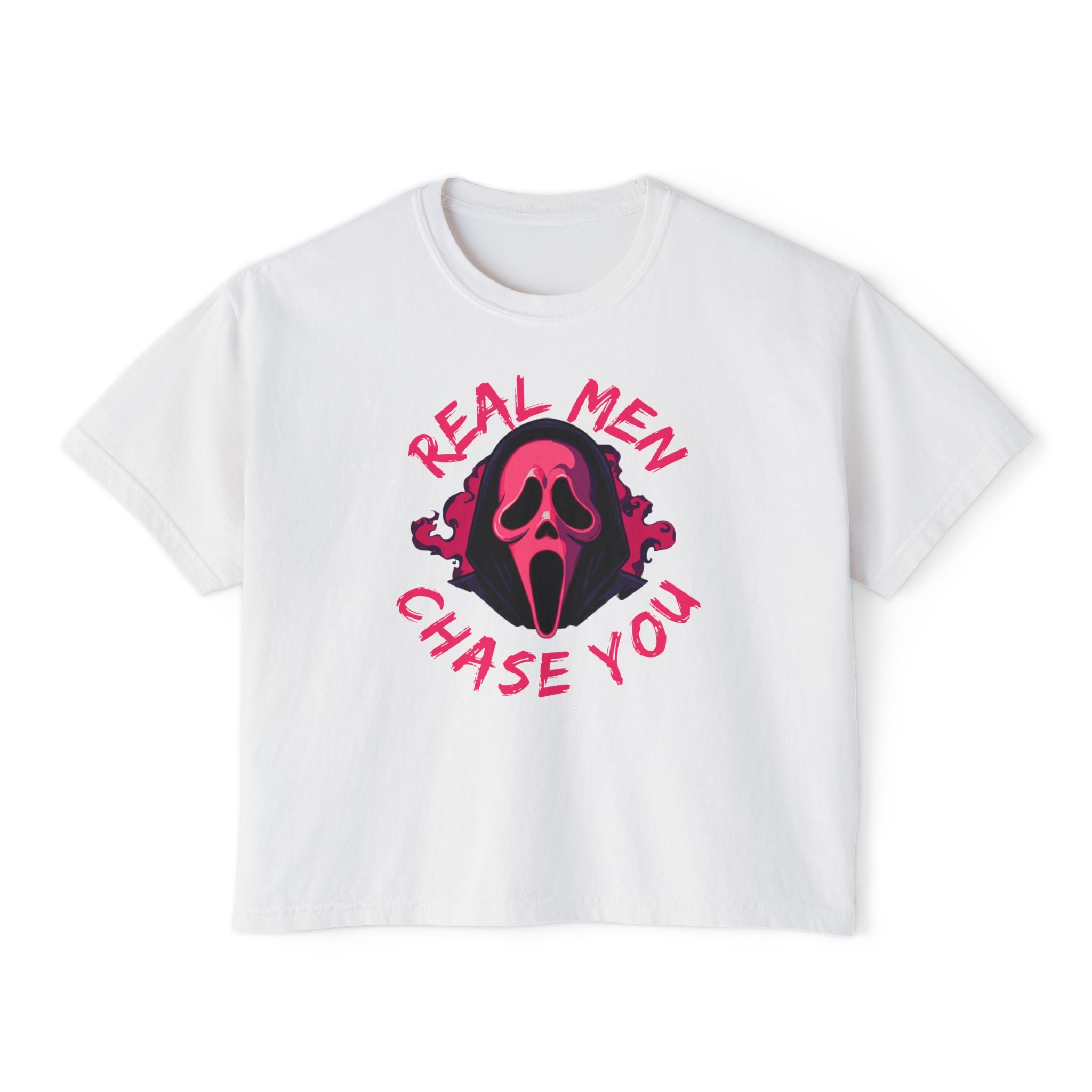 Women's Boxy Tee — "Real Men Chase You" Pink Scream Mask Graphic Tee