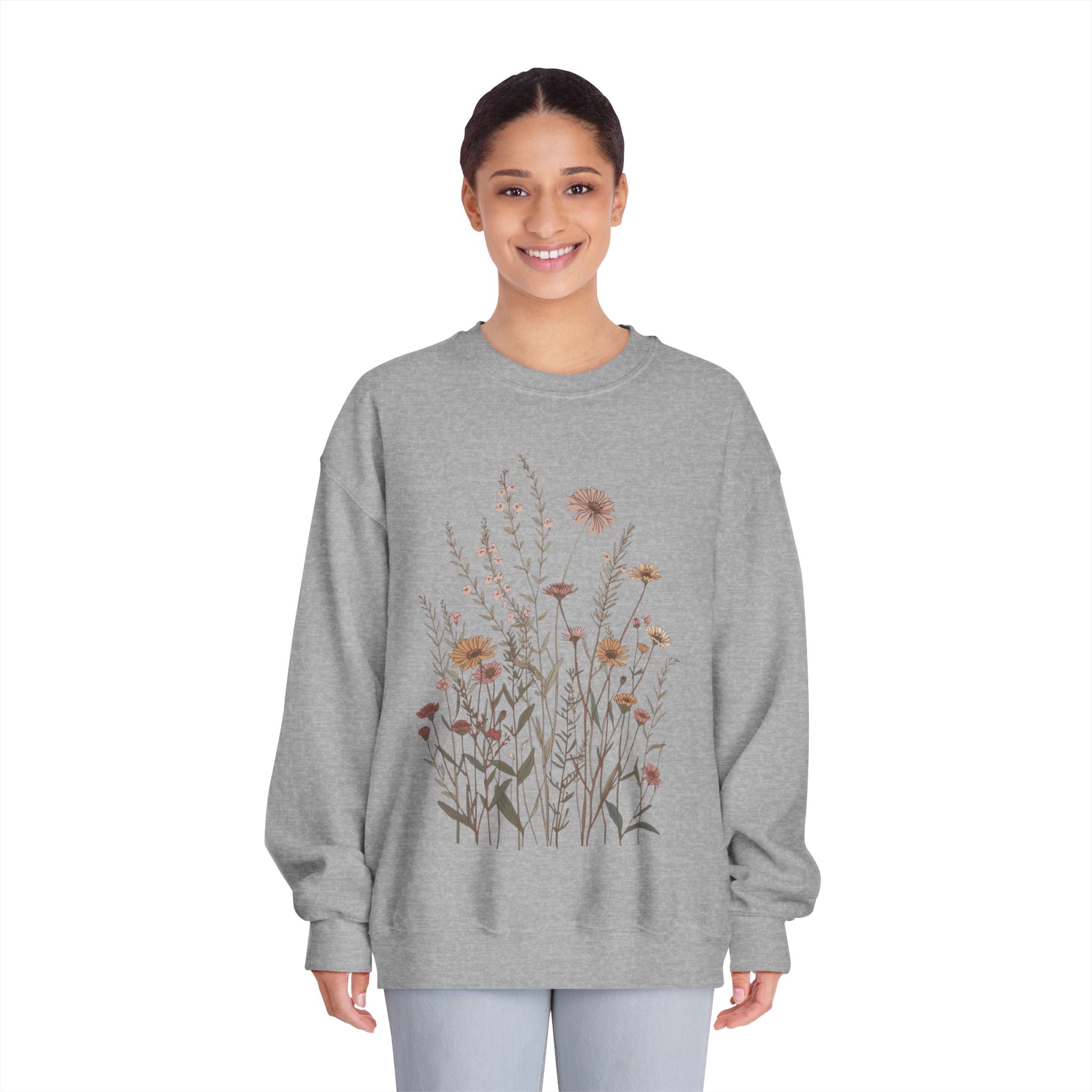 Floral Meadow Crewneck Sweatshirt — Neutral Wildflower Bouquet Graphic