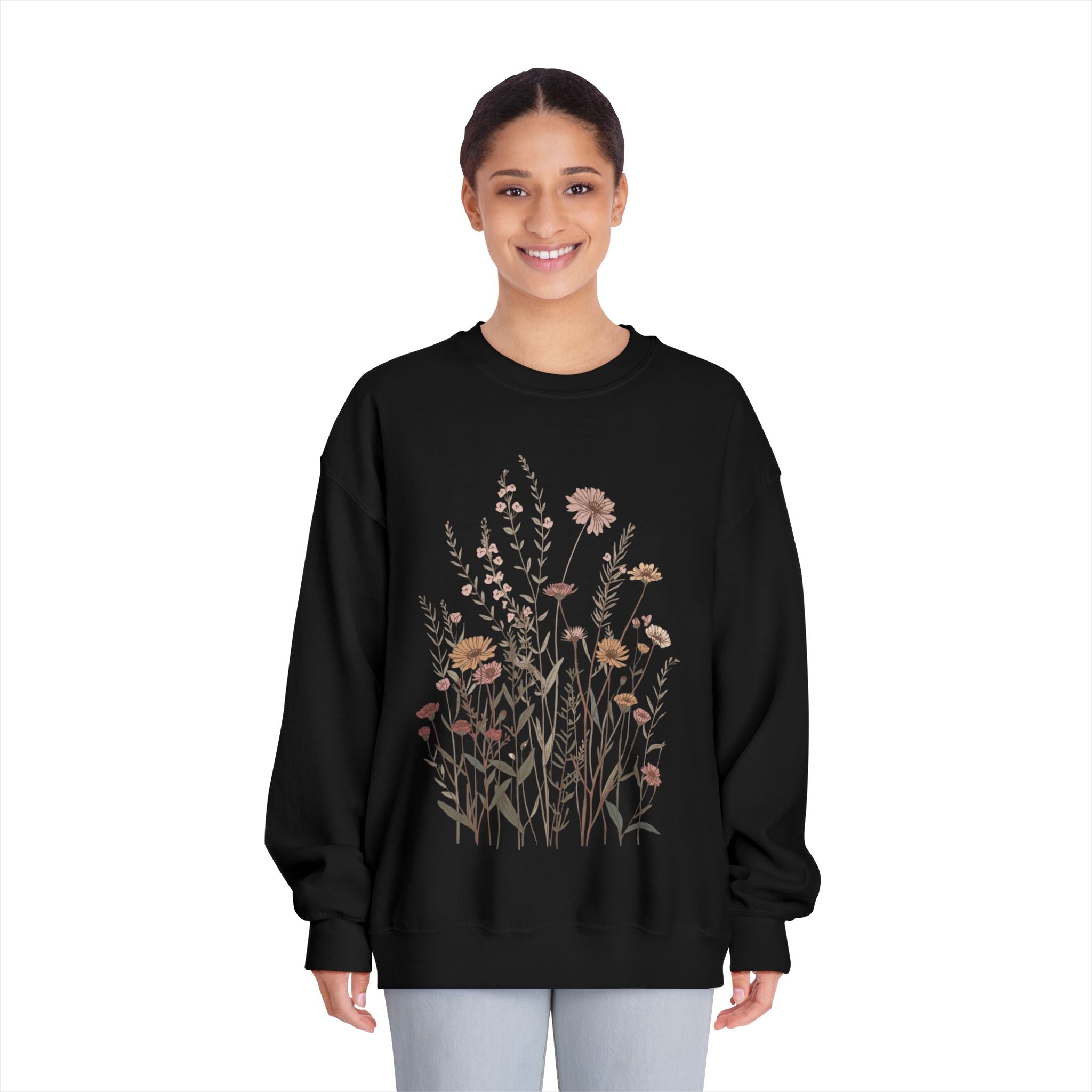Floral Meadow Crewneck Sweatshirt — Neutral Wildflower Bouquet Graphic