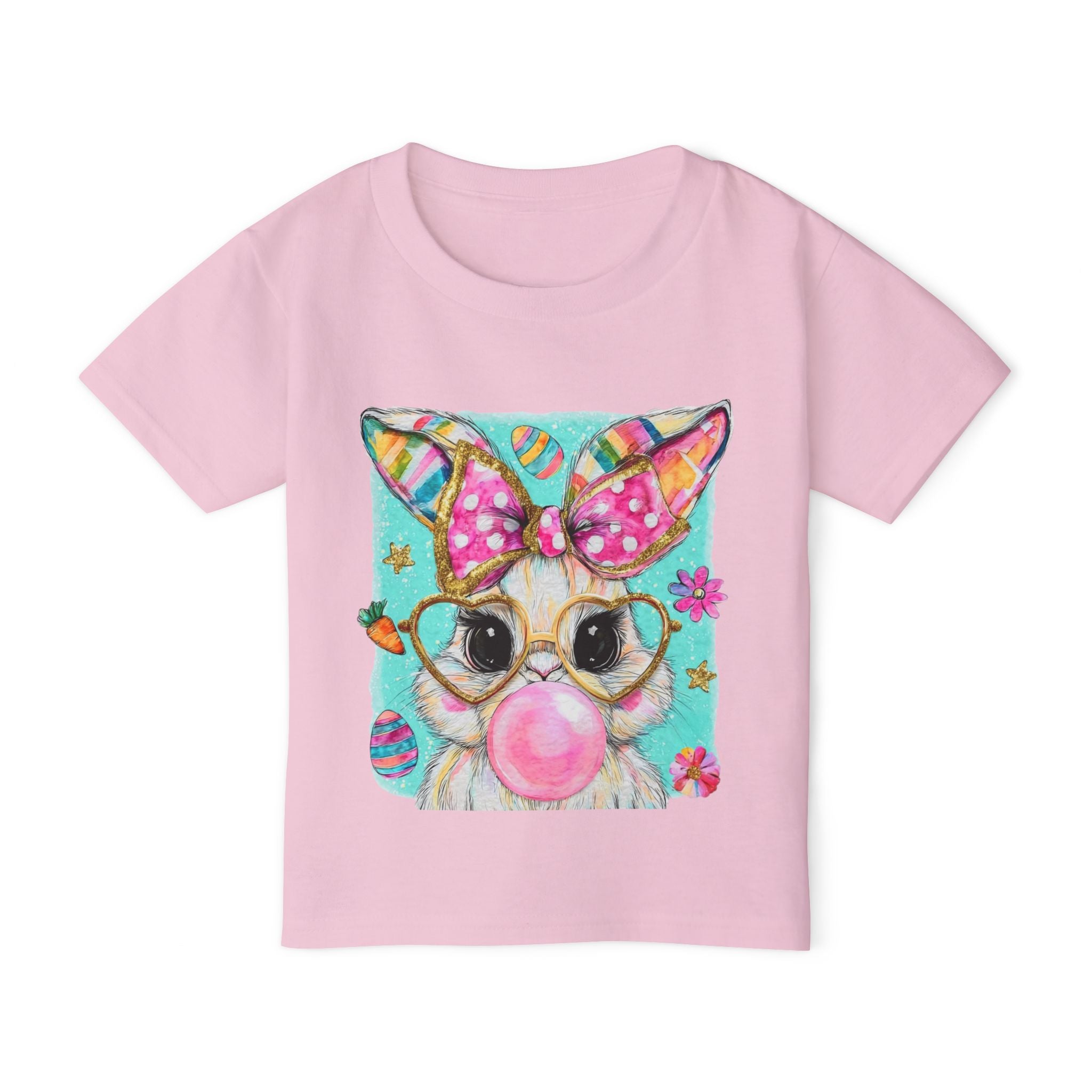 Cute Bunny Bubblegum Toddler T-Shirt — Whimsical Pastel Bunny with Bow & Glasses