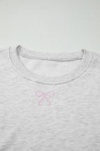 Light Grey Girly Bow Embroidered Detail Puff Sleeve Pullover 2pcs Short Set