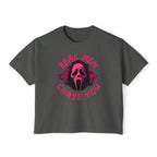 Women's Boxy Tee — "Real Men Chase You" Pink Scream Mask Graphic Tee
