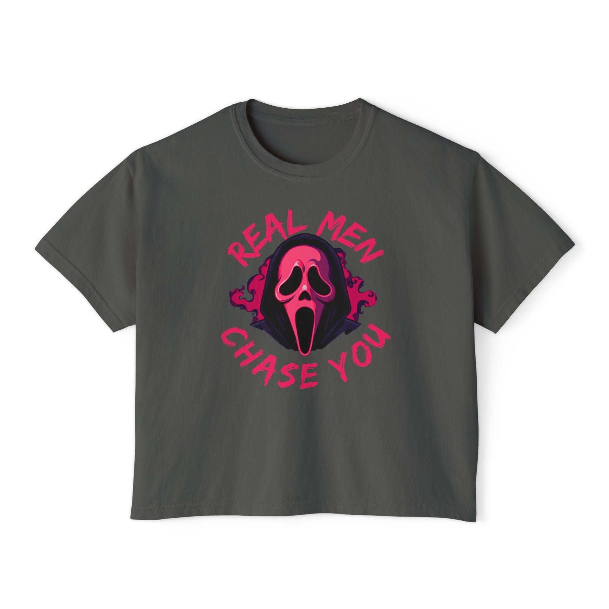 Women's Boxy Tee — "Real Men Chase You" Pink Scream Mask Graphic Tee