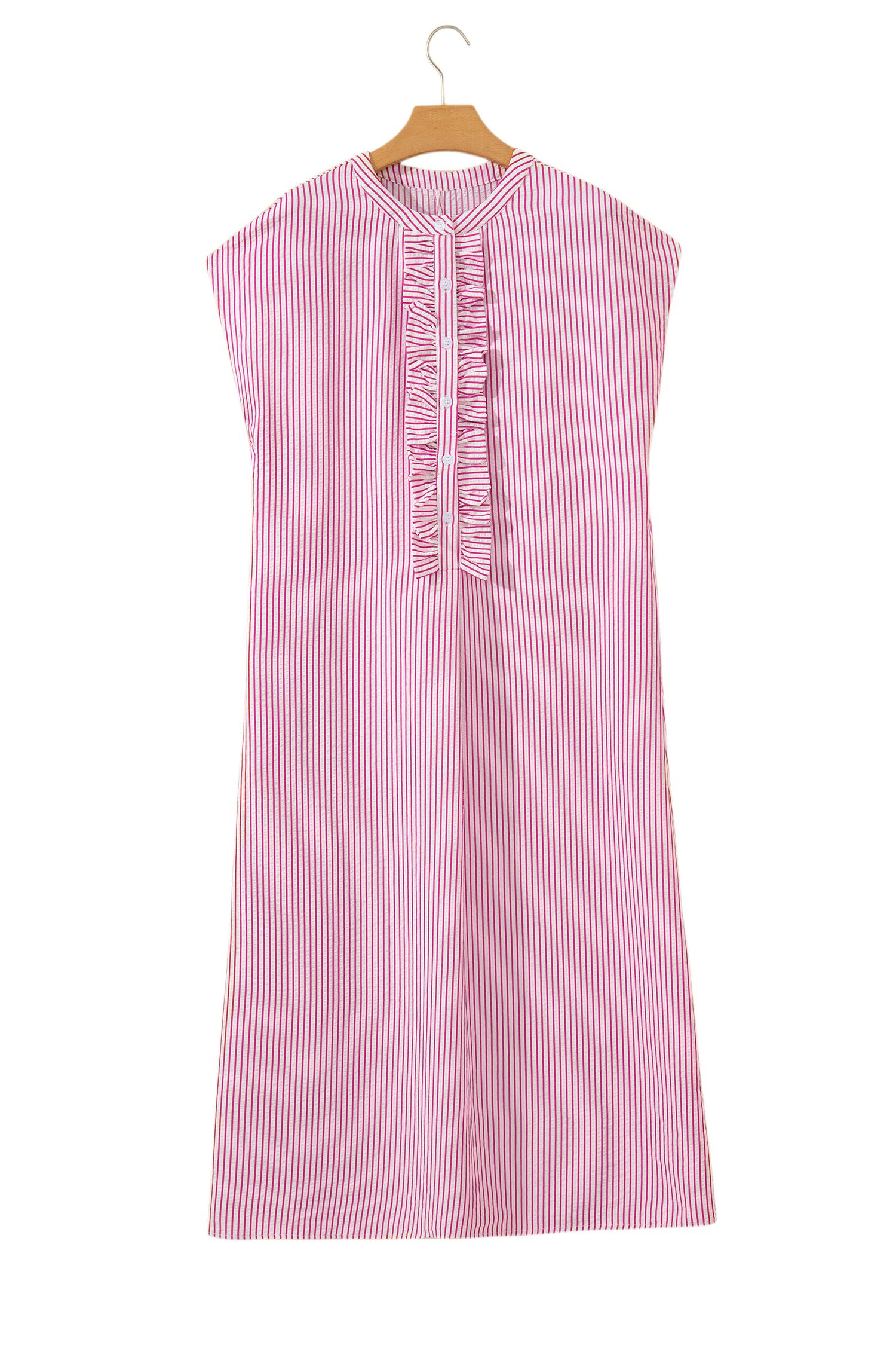 Red Stripe Frilled Detail Half Buttons Short Sleeve Long Dress