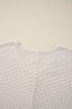 White Waffle Knit Side Slits Loose Fit V Neck Top