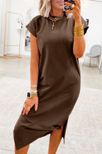 Red Sandalwood Solid Color Long T Shirt Dress with Slits
