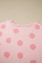 Pink Polka Dot Print Loose Tee Drawstring Elastic Waist Short Set