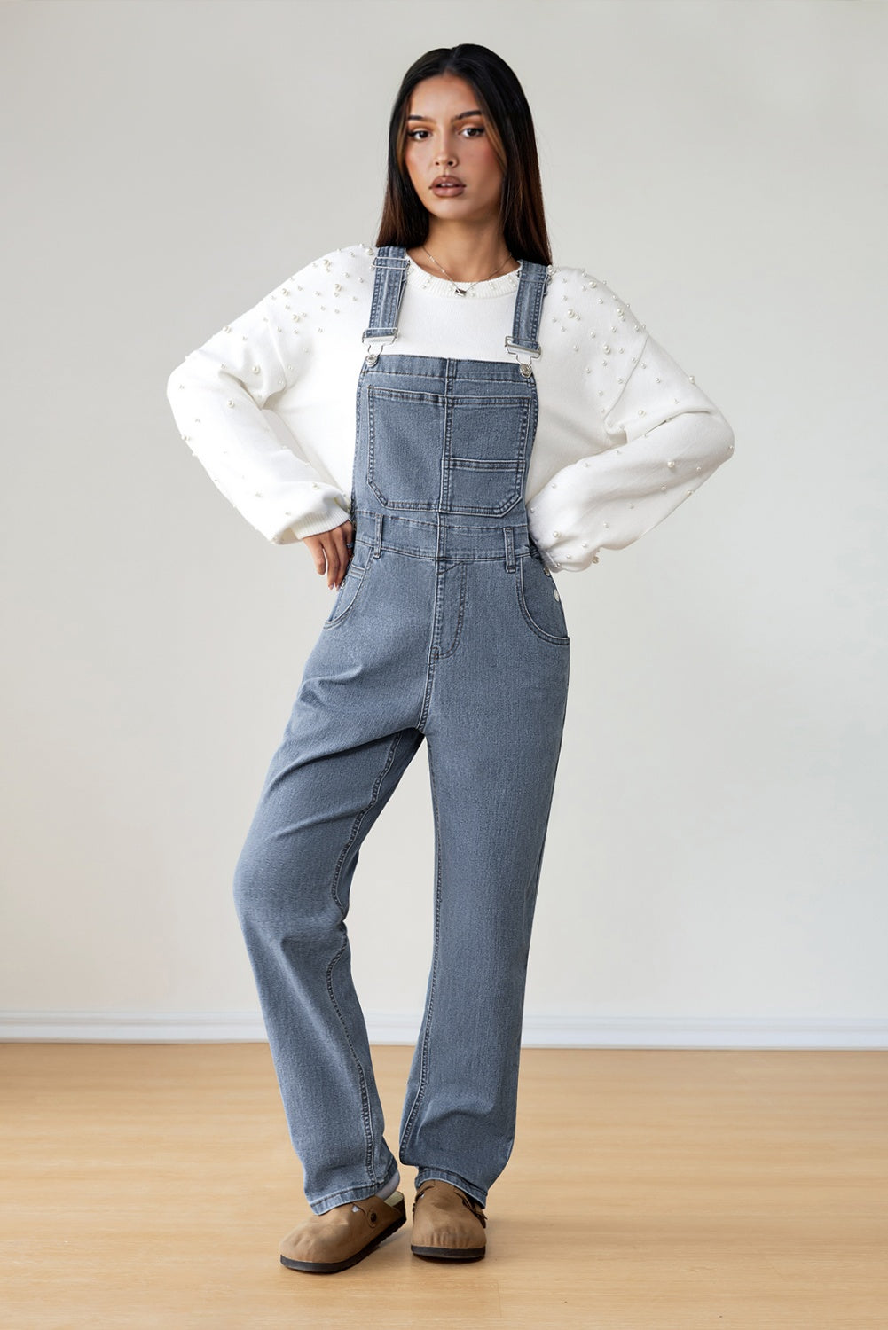 Light Blue Retro Bib Pocket Buckle Straps Casual Denim Jumpsuit