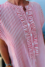 Red Stripe Frilled Detail Half Buttons Short Sleeve Long Dress