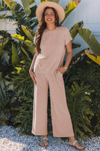 Smoke Gray Solid Corded Knit Short Sleeve T Shirt and Wide Leg Pants Set