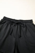 Black Contrast Leopard Bow Patched V Neck Loose Tee Drawstring Shorts 2pcs Outfit