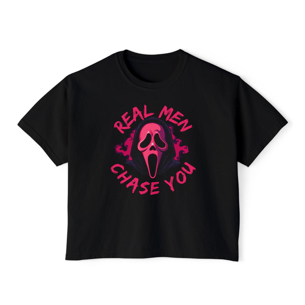 Women's Boxy Tee — "Real Men Chase You" Pink Scream Mask Graphic Tee