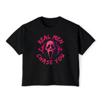 Women's Boxy Tee — "Real Men Chase You" Pink Scream Mask Graphic Tee