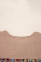 Straw Yellow Waffle Stripe Plaid Patchwork Henley Knit Top