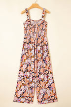 Black Floral Print Smocked High Waist Square Neck Jumpsuit