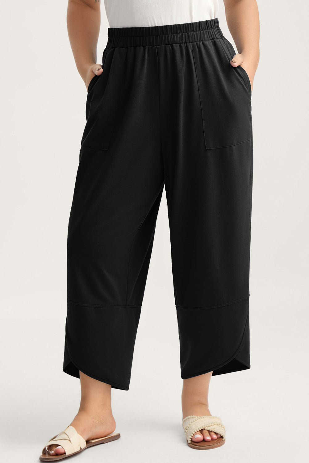 Black Plus Size Elastic Waist Asymmetrical Hem Loose Capris Pants