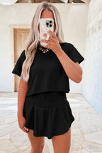 Black 2pcs Cropped Tee and Ruffle High Waist Skort Set