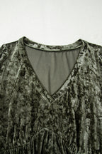 Jungle Green Plus Size Velvet Babydoll Mini Dress with Puff Sleeve