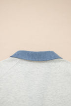 Light Grey Denim Patchwork Buttoned Polo Collar Long Sleeve Top