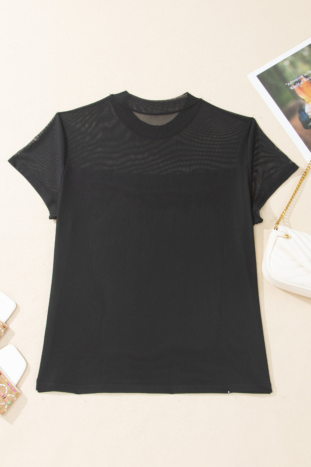 Black Plus Size Sheer Mesh Panel Short Sleeve Top