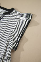 Black Stripe Plus Size Slit V Neck Tiered Flutter Sleeve Maxi Dress