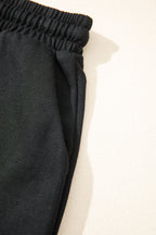 Black Contrast Leopard Bow Patched V Neck Loose Tee Drawstring Shorts 2pcs Outfit