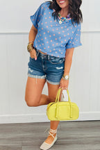 Sky Blue Raised Rib Polka Dot Print Cuffed Short Sleeve Top