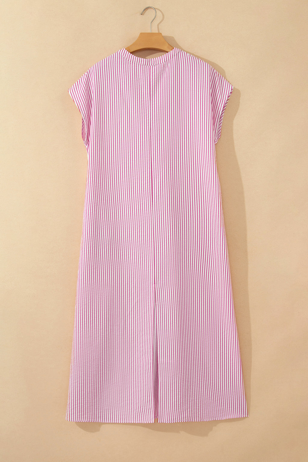 Red Stripe Frilled Detail Half Buttons Short Sleeve Long Dress