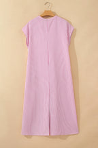 Red Stripe Frilled Detail Half Buttons Short Sleeve Long Dress