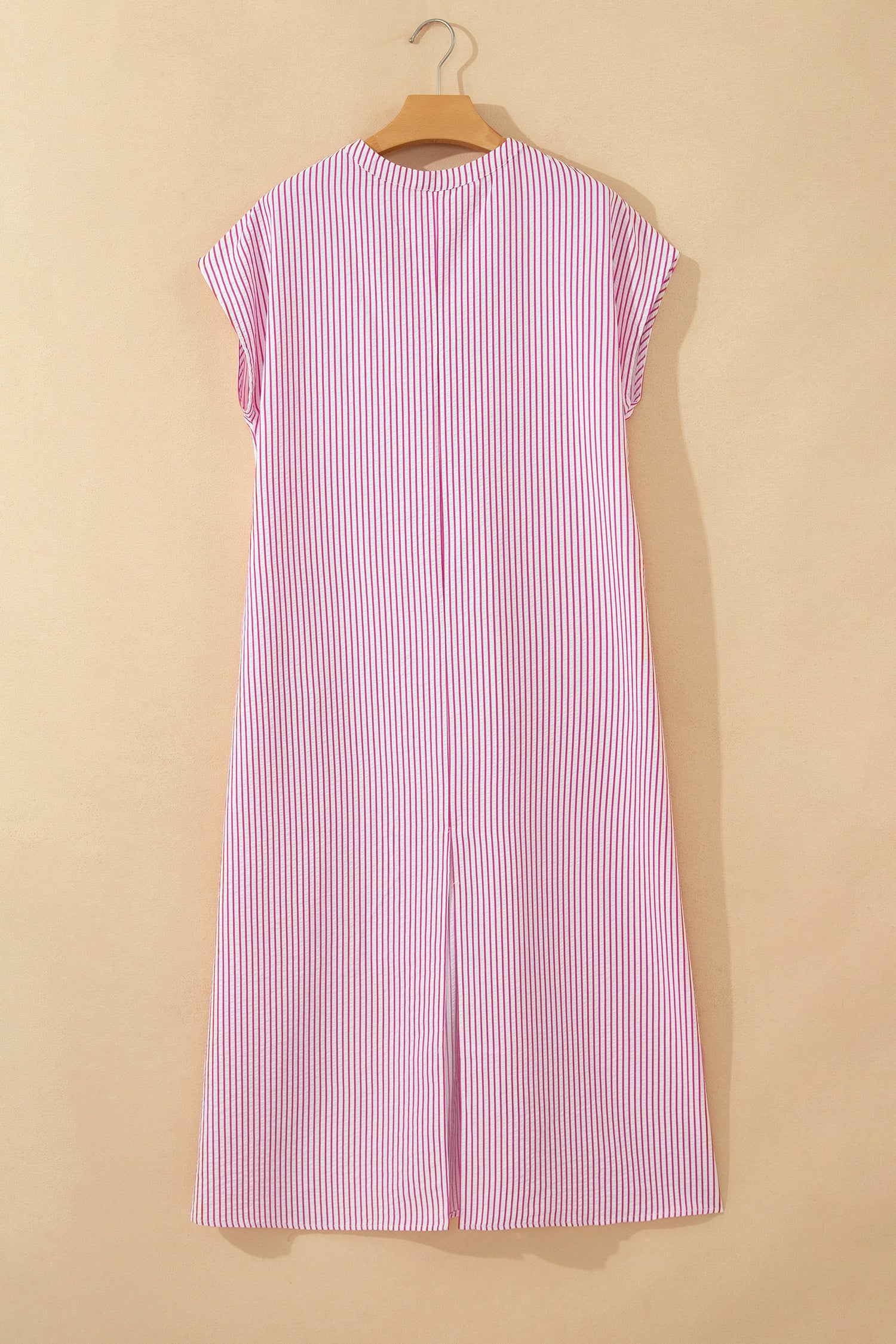 Red Stripe Frilled Detail Half Buttons Short Sleeve Long Dress