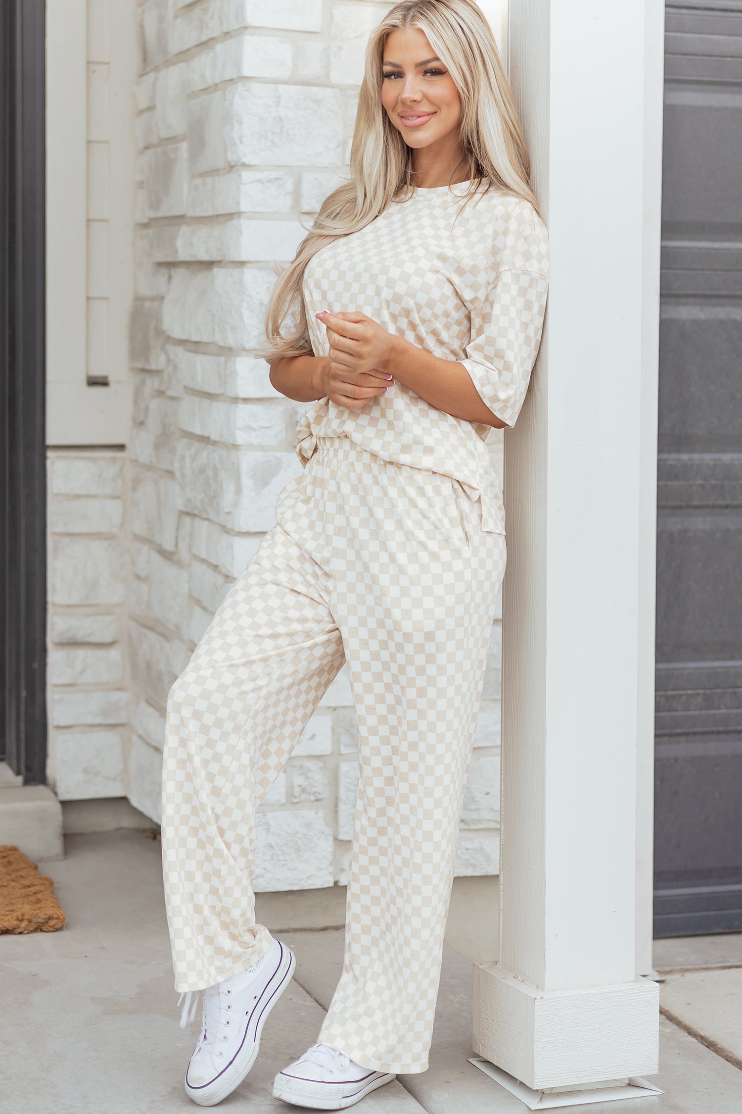 Khaki Checkered Print Half Sleeve Tee 2pcs Lounge Pant Set