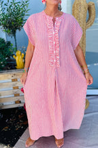 Red Stripe Frilled Detail Half Buttons Short Sleeve Long Dress