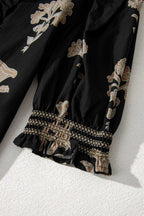 Black Floral Print Frilled Collar Short Puff Sleeve Maxi Dress