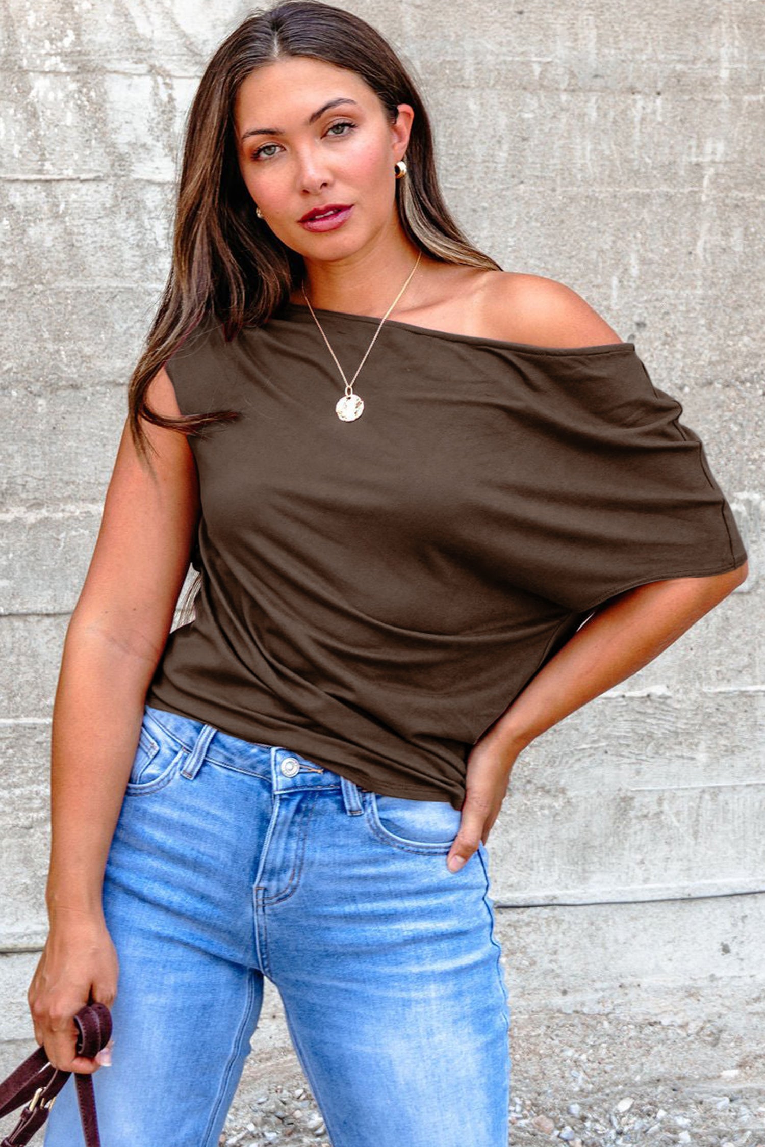 Coffee Plus Size Solid Color Asymmetric Neck Short Sleeve Blouse