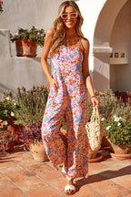Multicolour Floral Print Spaghetti Straps Loose Pocketed Jumpsuit