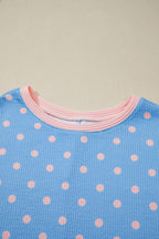 Sky Blue Raised Rib Polka Dot Print Cuffed Short Sleeve Top
