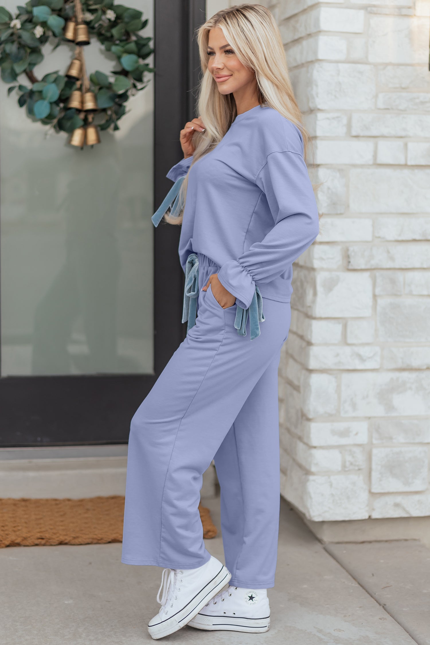 Beau Blue Flounce Long Sleeve Top Drawstring Pants Contrast Velvet Bow Knot 2pcs Lounge Set
