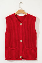 Fiery Red Solid Textured Knit Side Pockets Buttoned Sweater Vest