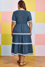 Dusk Blue Plus Size V Neck Swiss Dot Lace Patchwork Detail Flared Midi Dress